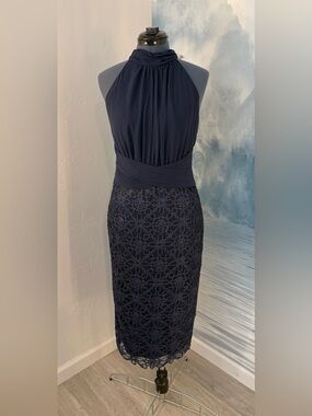 Fehaute Elegant Navy Halter Lace Sheath Dress #357